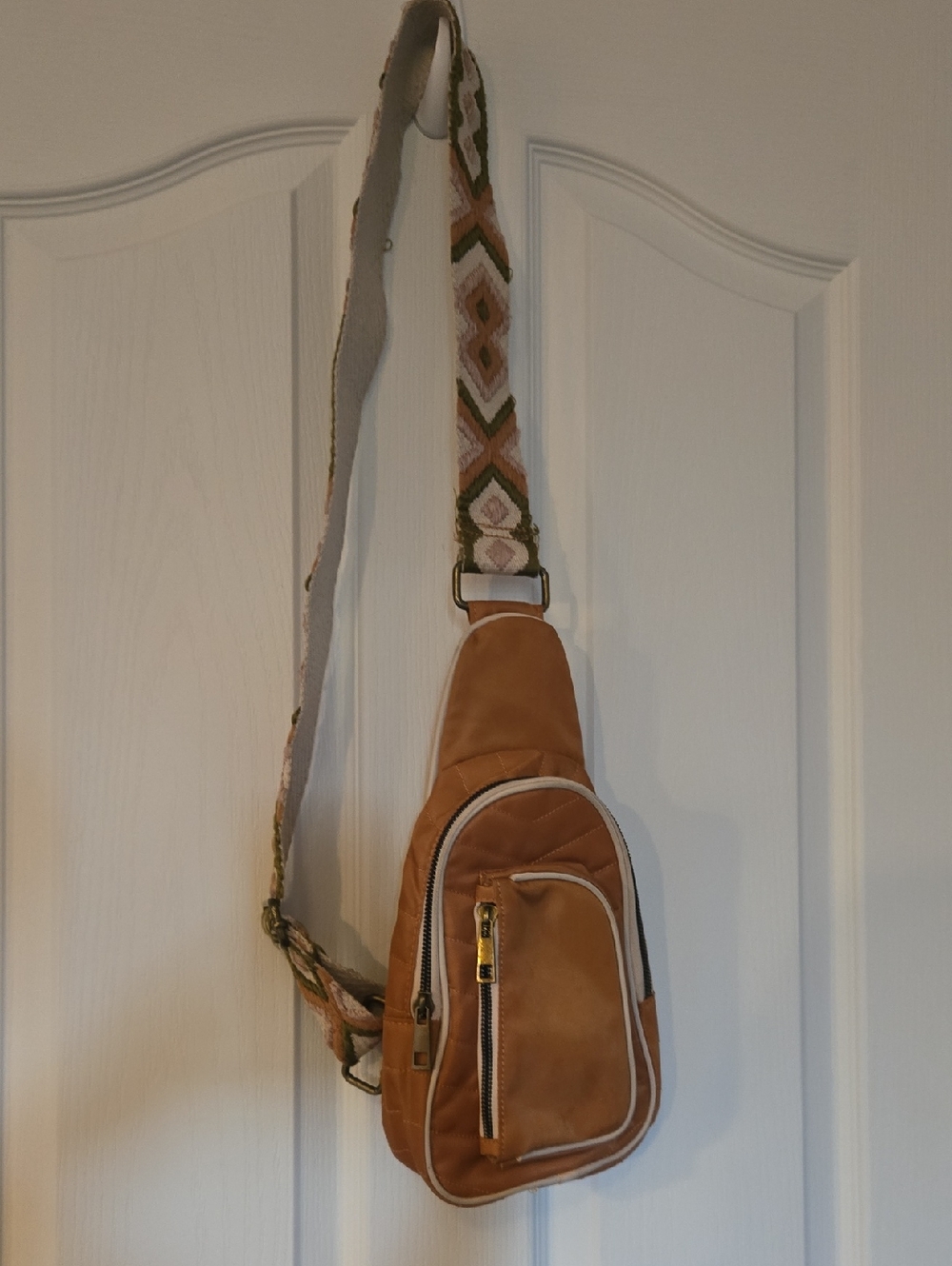 Maurices Tan Crossbody Sling Bag with Patterned Strap